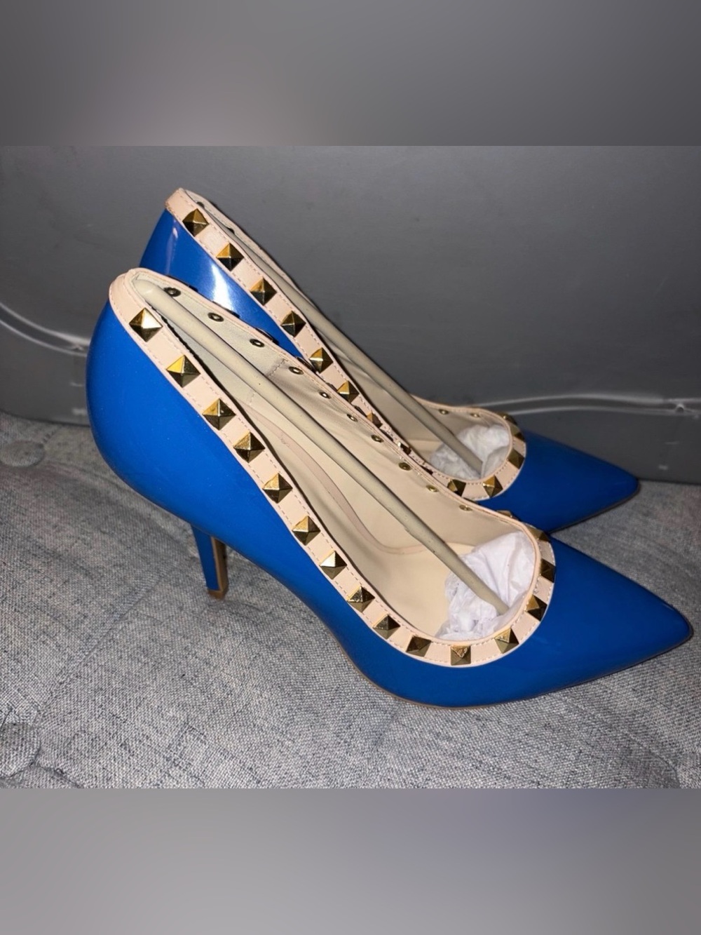 Wild Diva Electric Blue Pointed Pumps with Gold Stud Trim